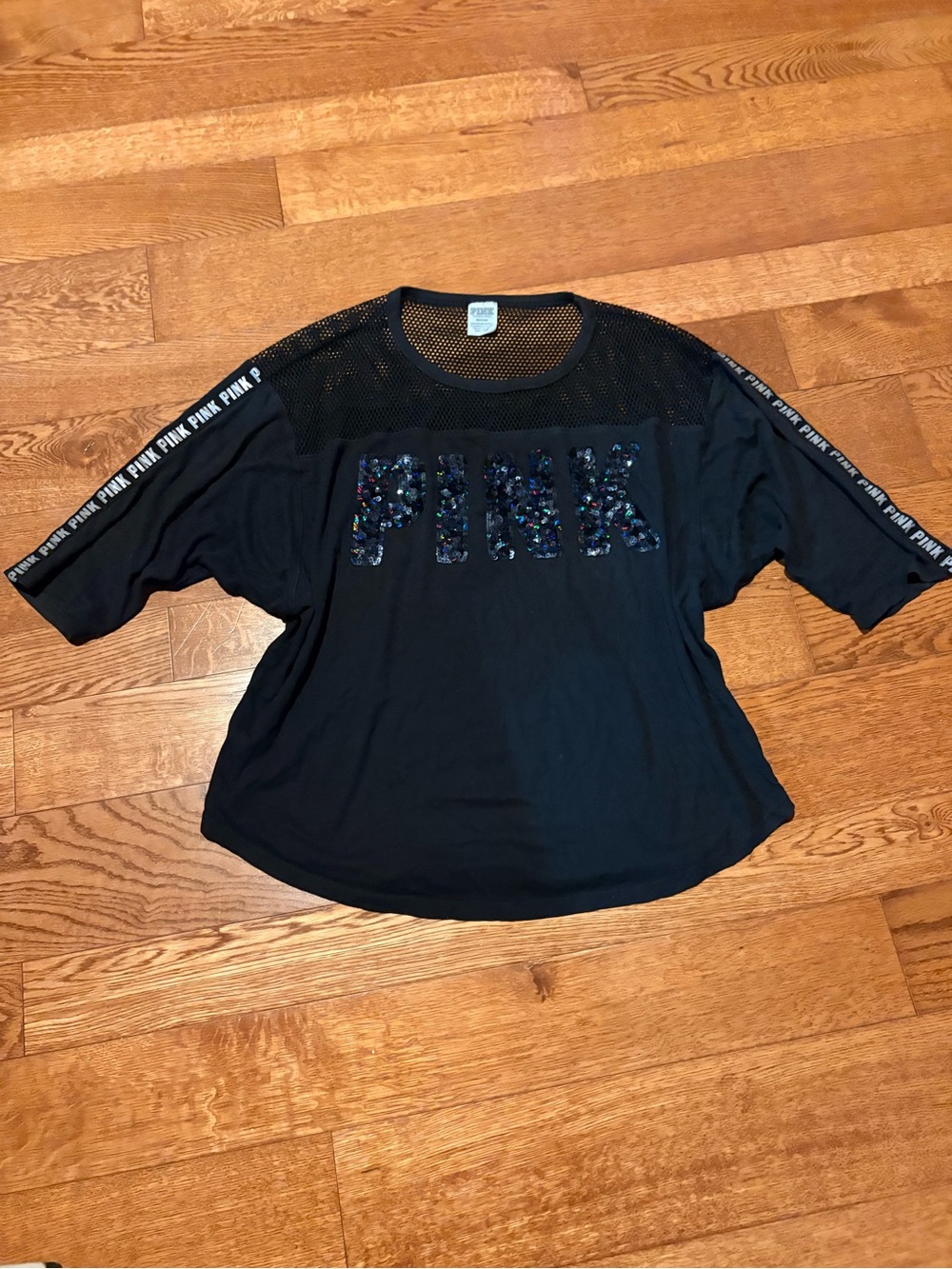 VS PINK Black Mesh Sequin Bling Oversized Tee Jersey Top